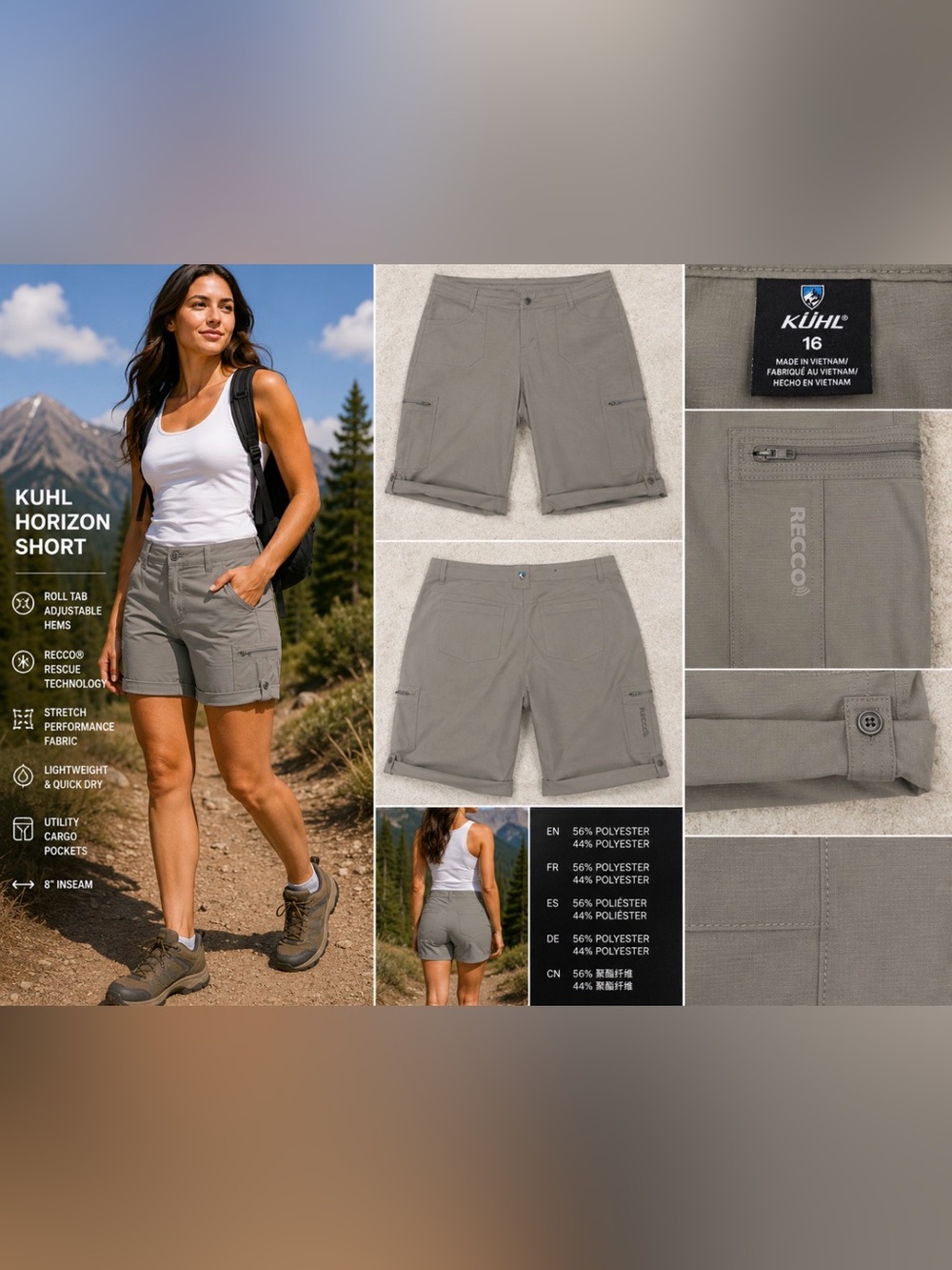 Kuhl RECCO Horizon Hiking Cargo Shorts Womens 16 Roll Tab Outdoor NWOT